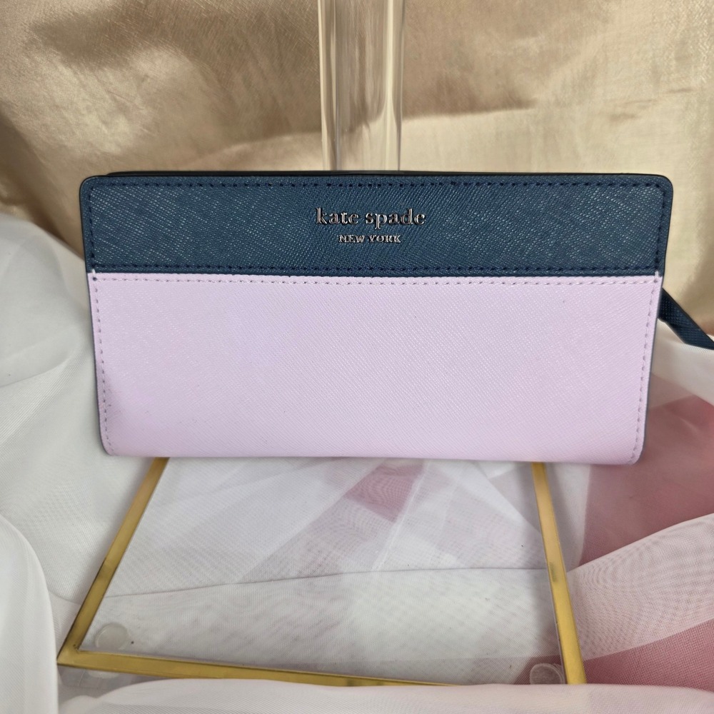 Kate Spade New York Saffiano Leather Bifold Wallet Navy Blue Lavender Pink